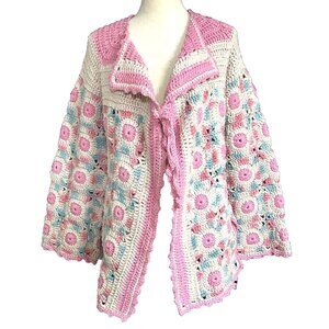 Vintage 100% Handmade Granny Square Crochet Cardigan Pink Aqua Ivory Bell Hippie